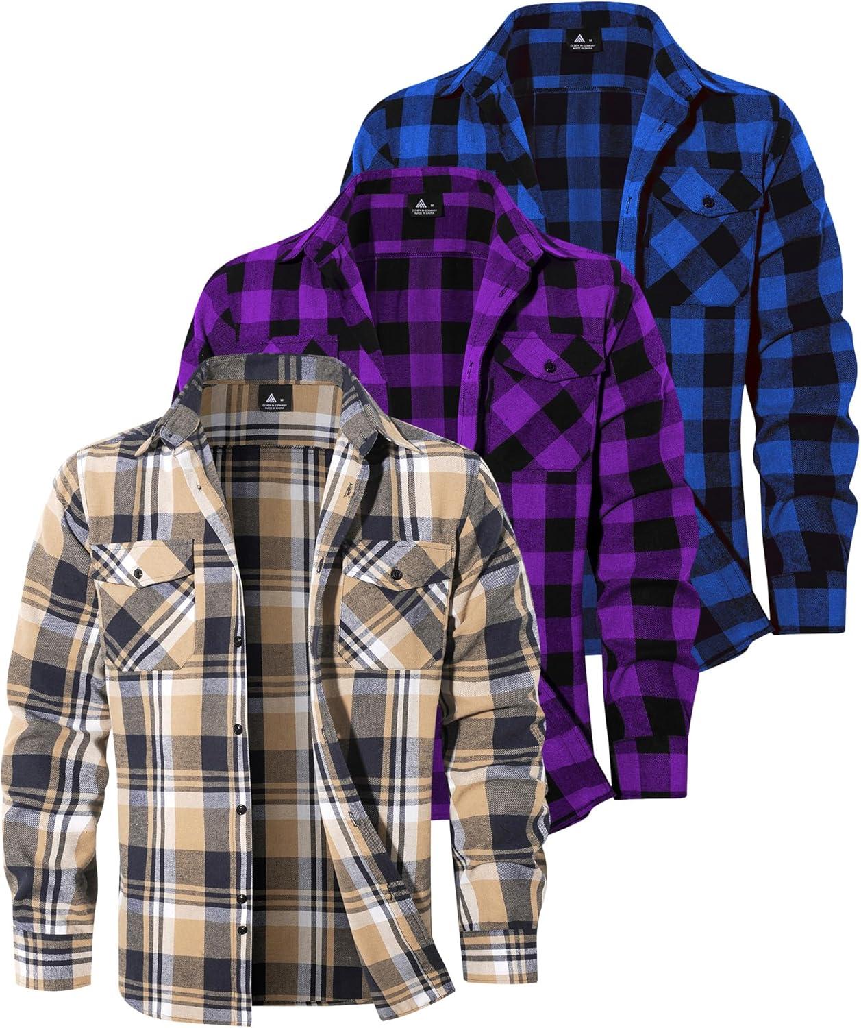 imageZITY Men Plaid Flannel Shirts Long Sleeve Casual Button Down Collar Jackets for Men with PocketsThree Blue Purple Beige