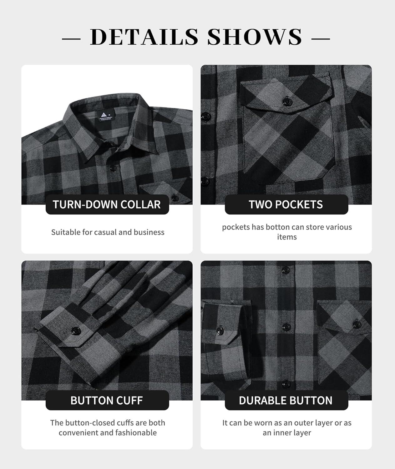 imageZITY Men Plaid Flannel Shirts Long Sleeve Casual Button Down Collar Jackets for Men with PocketsThree Grey Red Beige