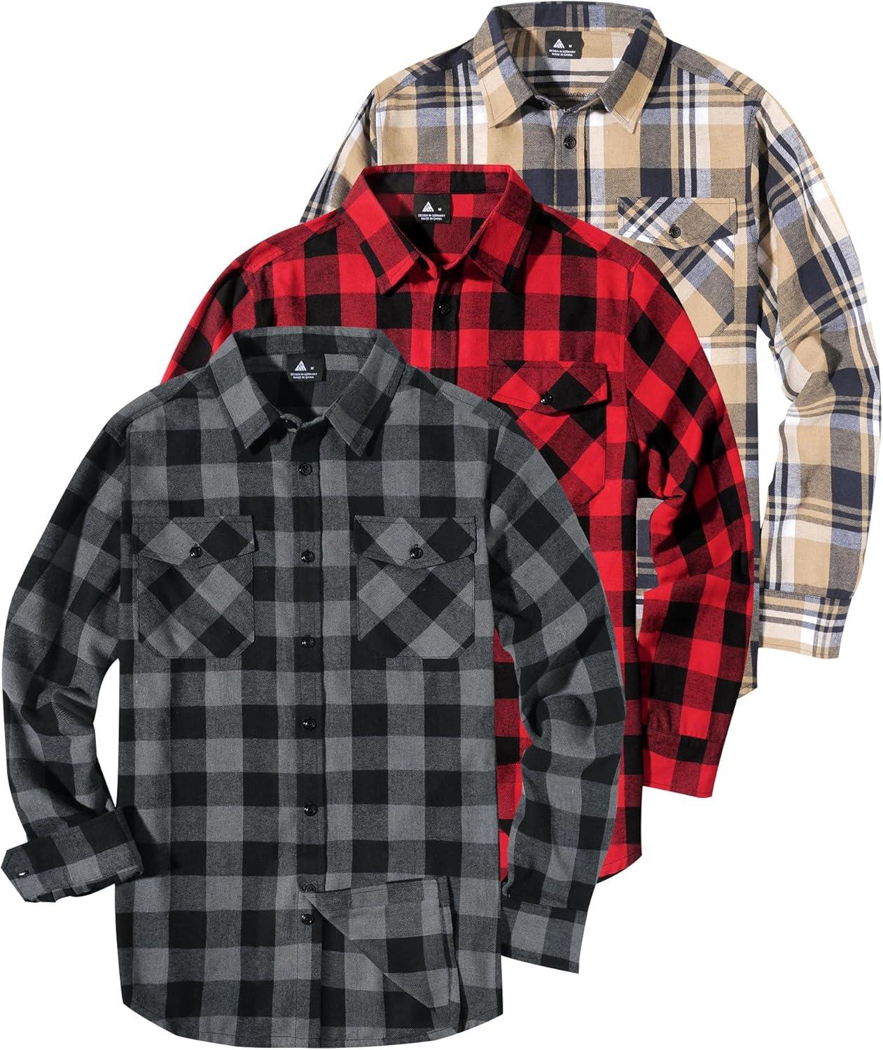 imageZITY Men Plaid Flannel Shirts Long Sleeve Casual Button Down Collar Jackets for Men with PocketsThree Grey Red Beige