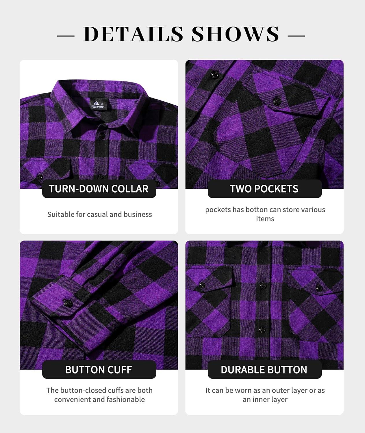 imageZITY Men Plaid Flannel Shirts Long Sleeve Casual Button Down Collar Jackets for Men with PocketsThree Purple Yellow Green