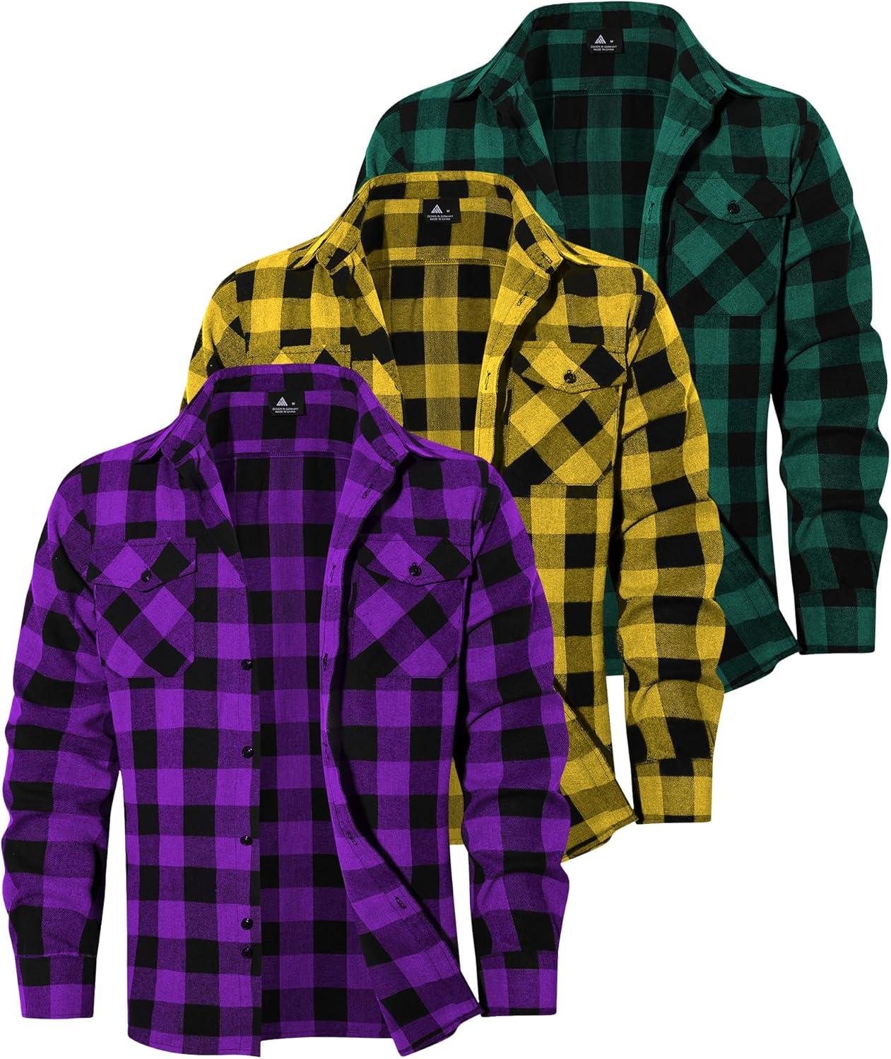 imageZITY Men Plaid Flannel Shirts Long Sleeve Casual Button Down Collar Jackets for Men with PocketsThree Purple Yellow Green