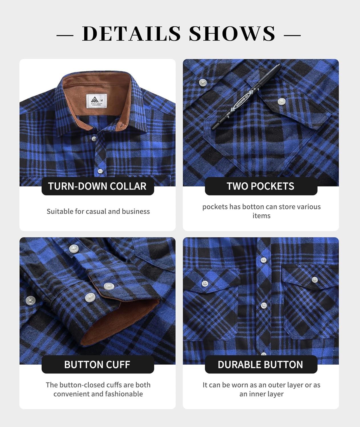 imageZITY Men Plaid Flannel Shirts Long Sleeve Casual Button Down Collar Jackets for Men with PocketsY One Blueblack
