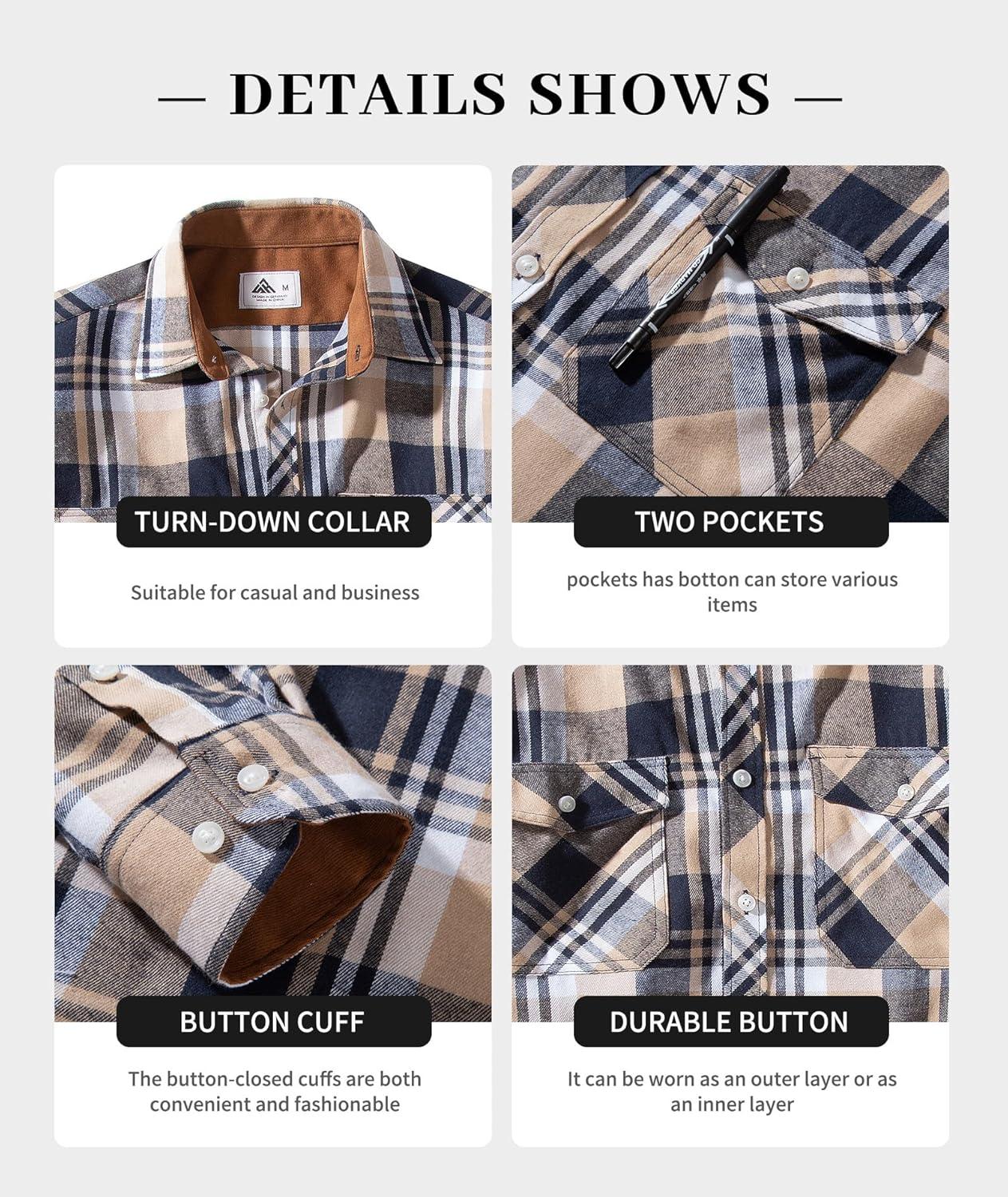 imageZITY Men Plaid Flannel Shirts Long Sleeve Casual Button Down Collar Jackets for Men with PocketsY One Navybeige