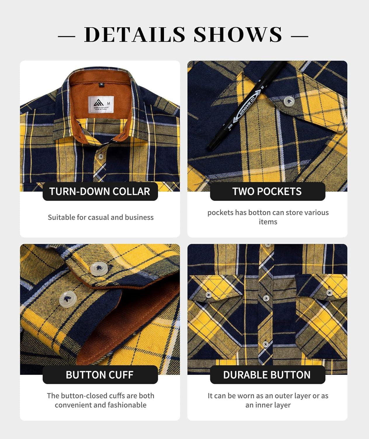 imageZITY Men Plaid Flannel Shirts Long Sleeve Casual Button Down Collar Jackets for Men with PocketsY One Yellonavy