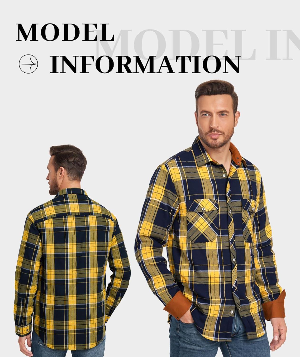 imageZITY Men Plaid Flannel Shirts Long Sleeve Casual Button Down Collar Jackets for Men with PocketsY One Yellonavy