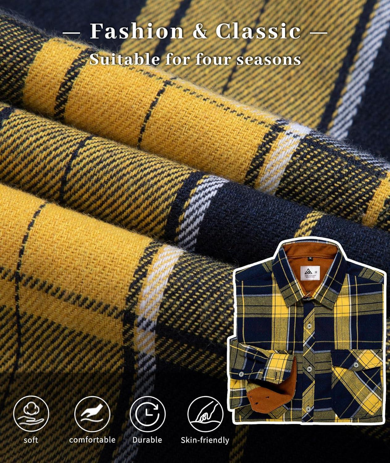 imageZITY Men Plaid Flannel Shirts Long Sleeve Casual Button Down Collar Jackets for Men with PocketsY One Yellonavy