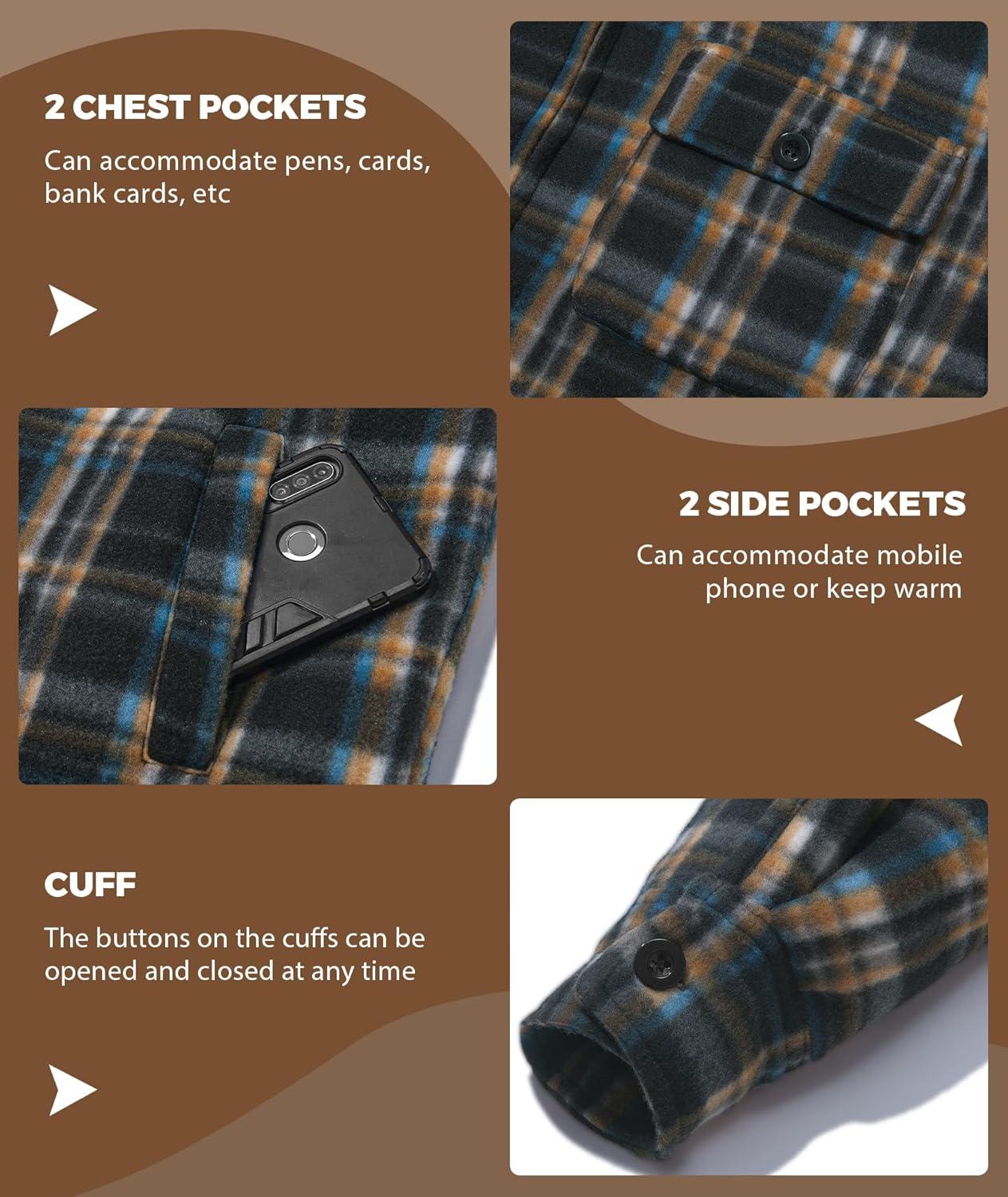 imageZITY Mens Flannel Hooded Jacket Fleece Sherpa Lined Plaid Shirts Jackets Zip Up Sweatshirt Hoodies for Men with 4 PocketsBlack Brown