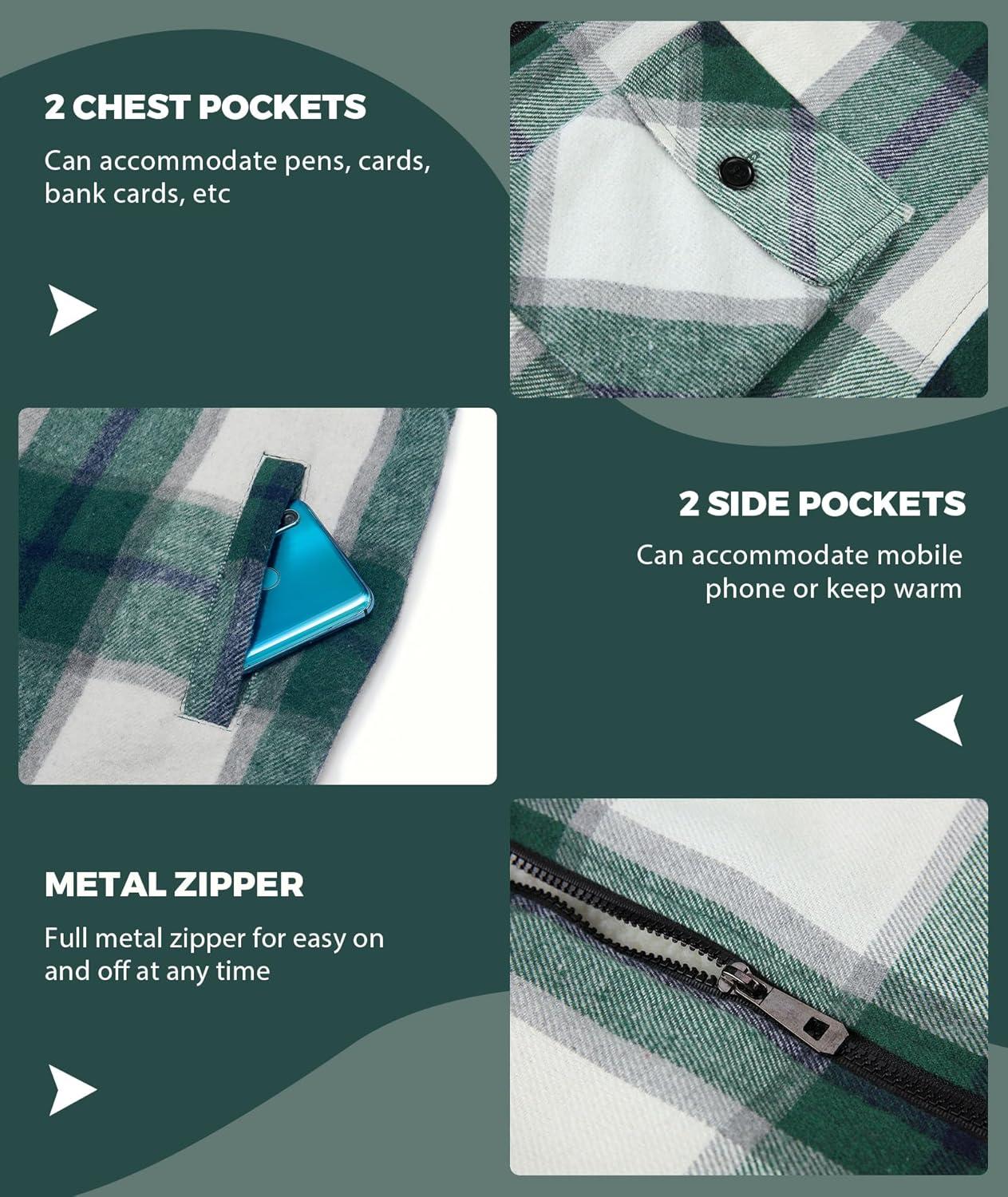 imageZITY Mens Flannel Hooded Jacket Fleece Sherpa Lined Plaid Shirts Jackets Zip Up Sweatshirt Hoodies for Men with 4 PocketsGreen White