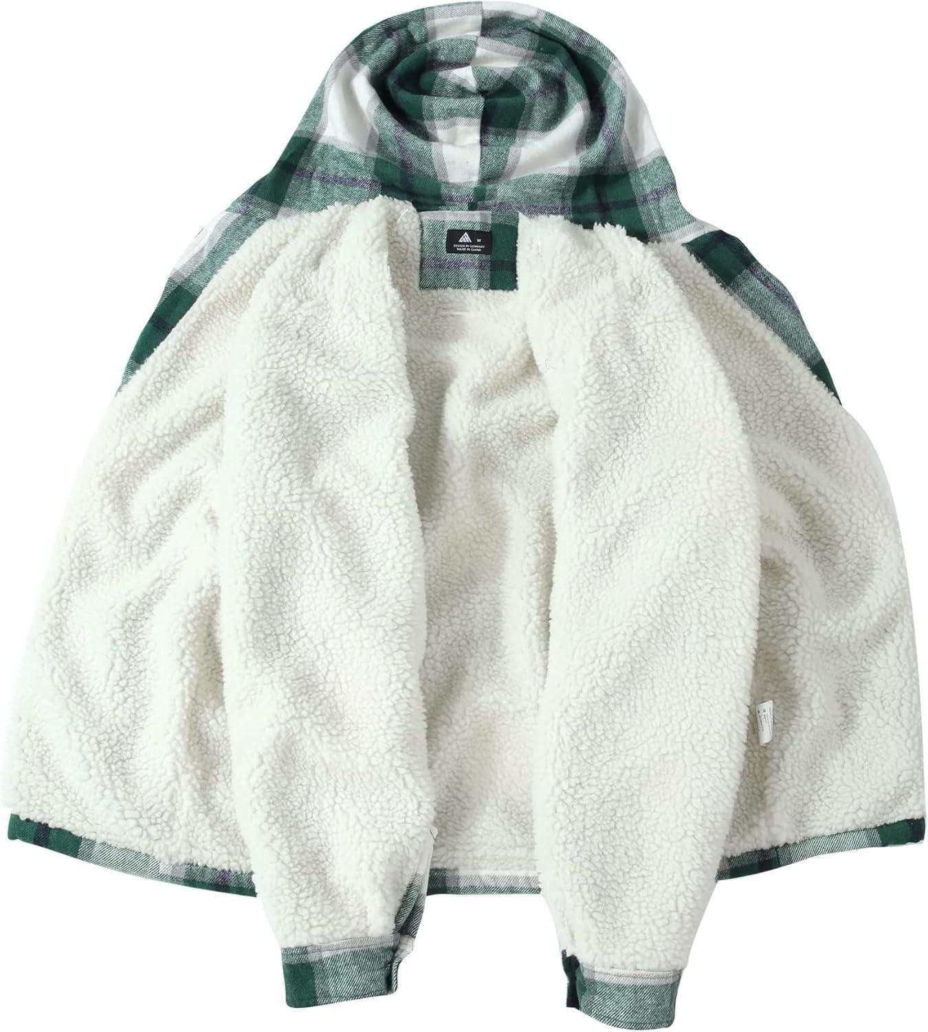 imageZITY Mens Flannel Hooded Jacket Fleece Sherpa Lined Plaid Shirts Jackets Zip Up Sweatshirt Hoodies for Men with 4 PocketsGreen White
