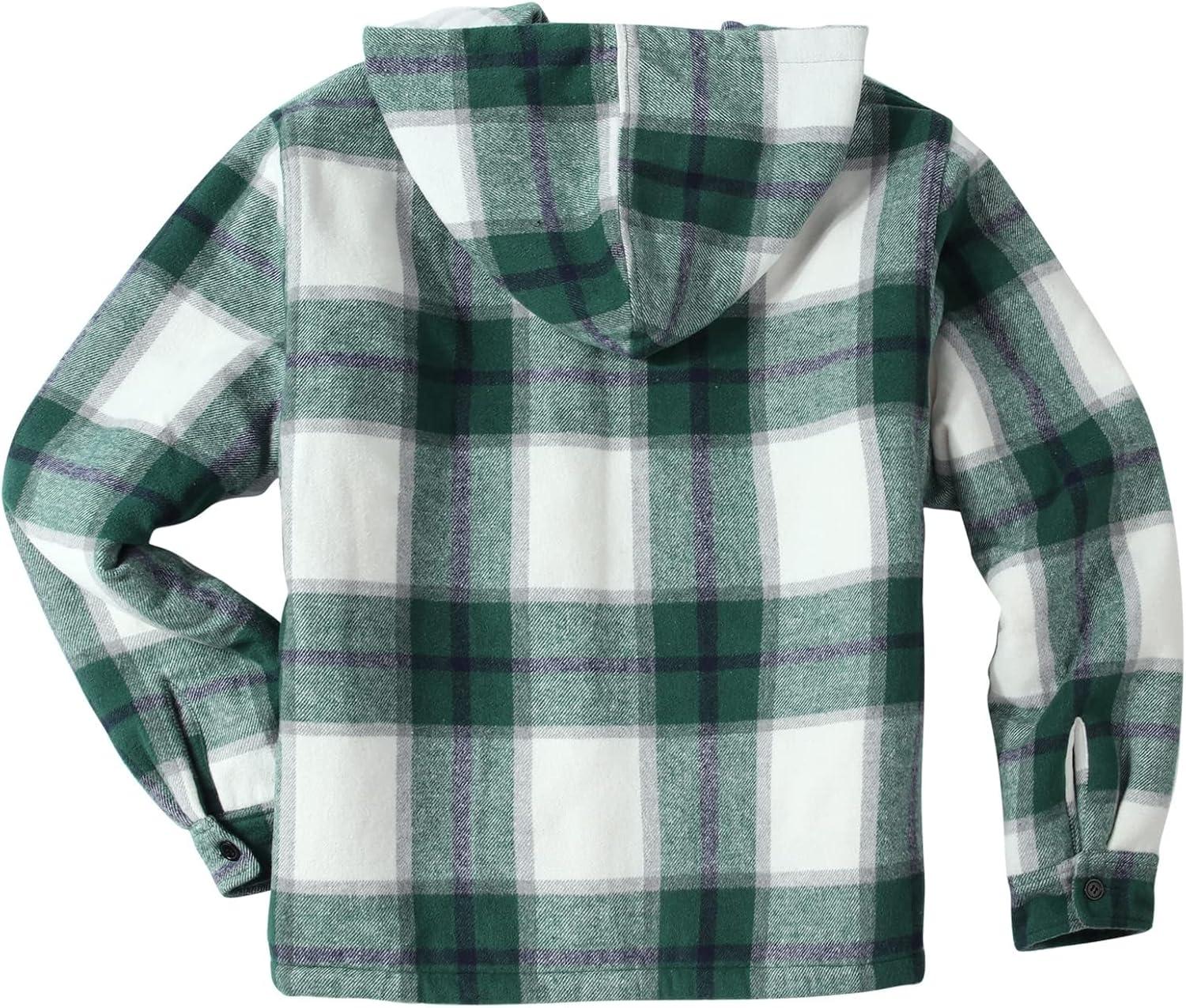 imageZITY Mens Flannel Hooded Jacket Fleece Sherpa Lined Plaid Shirts Jackets Zip Up Sweatshirt Hoodies for Men with 4 PocketsGreen White