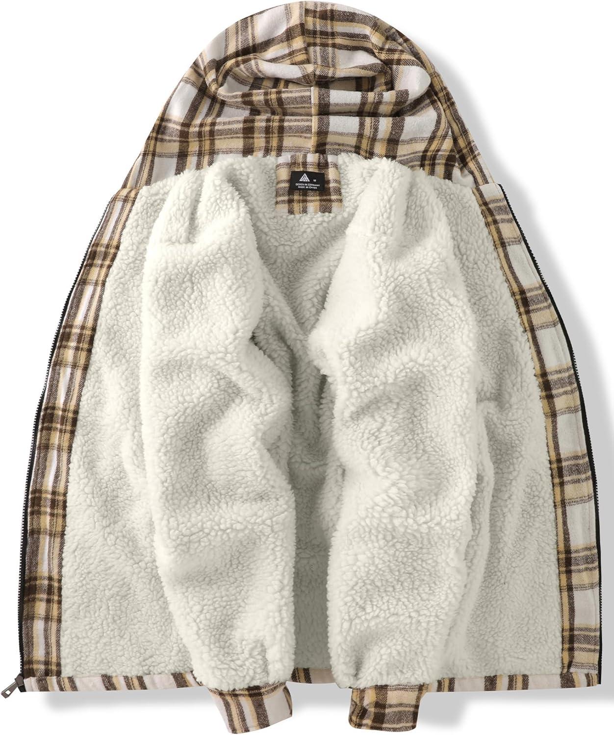 imageZITY Mens Flannel Hooded Jacket Fleece Sherpa Lined Plaid Shirts Jackets Zip Up Sweatshirt Hoodies for Men with 4 PocketsKhaki