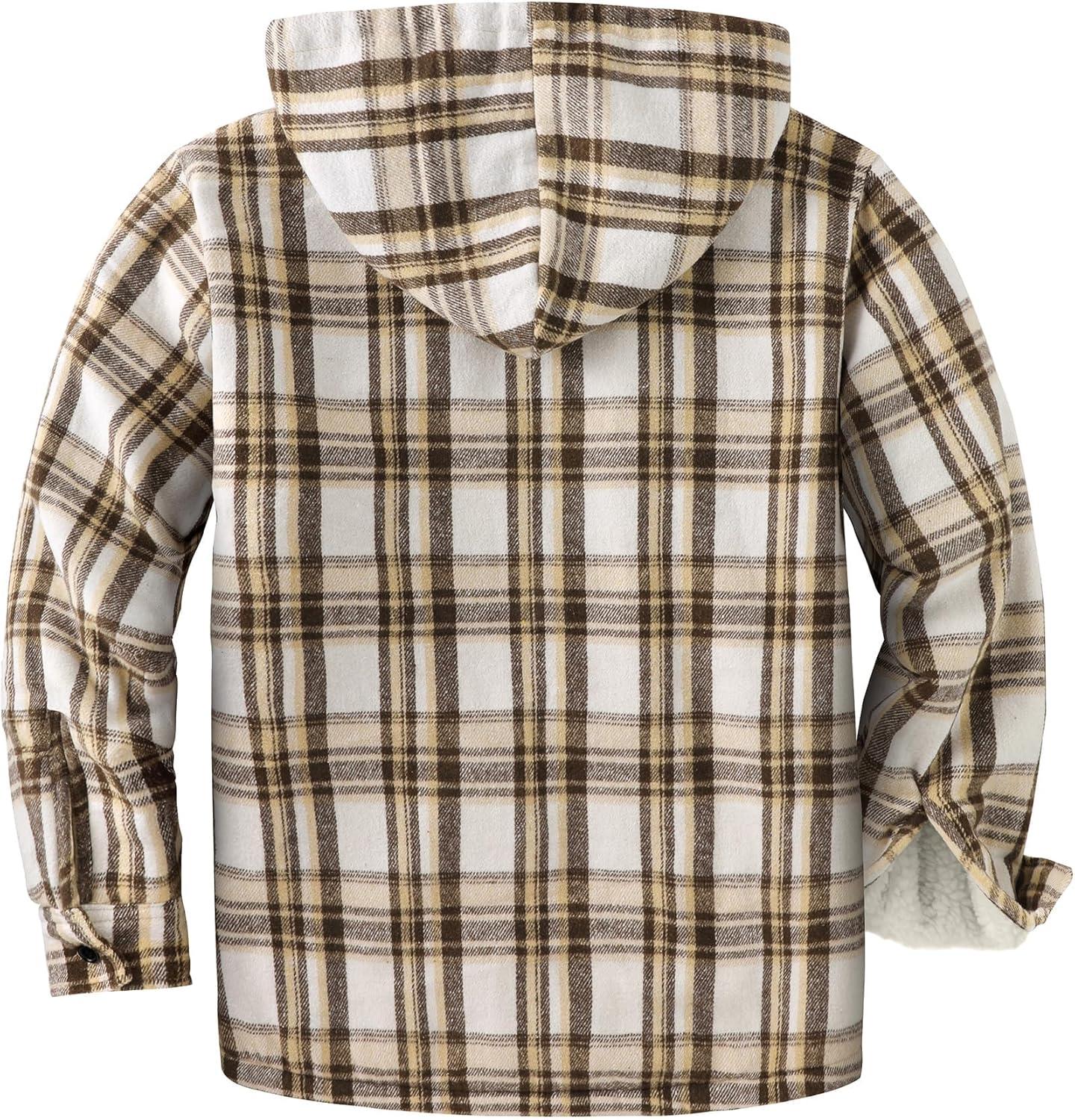 imageZITY Mens Flannel Hooded Jacket Fleece Sherpa Lined Plaid Shirts Jackets Zip Up Sweatshirt Hoodies for Men with 4 PocketsKhaki