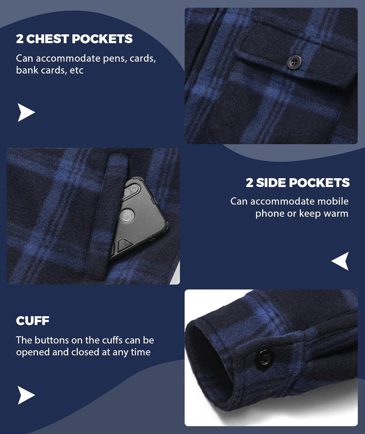 imageZITY Mens Flannel Hooded Jacket Fleece Sherpa Lined Plaid Shirts Jackets Zip Up Sweatshirt Hoodies for Men with 4 PocketsNavy