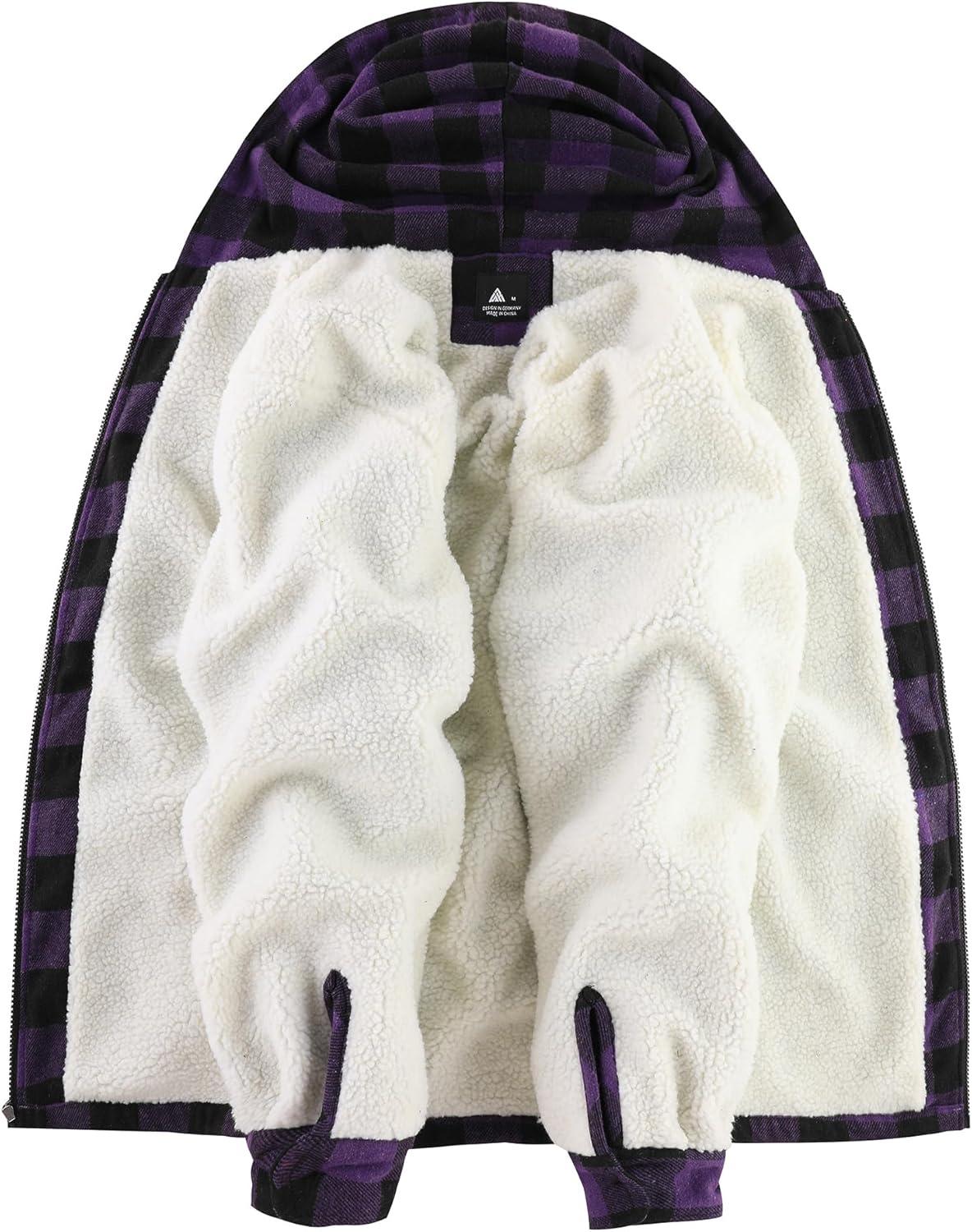 imageZITY Mens Flannel Hooded Jacket Fleece Sherpa Lined Plaid Shirts Jackets Zip Up Sweatshirt Hoodies for Men with 4 PocketsPurple