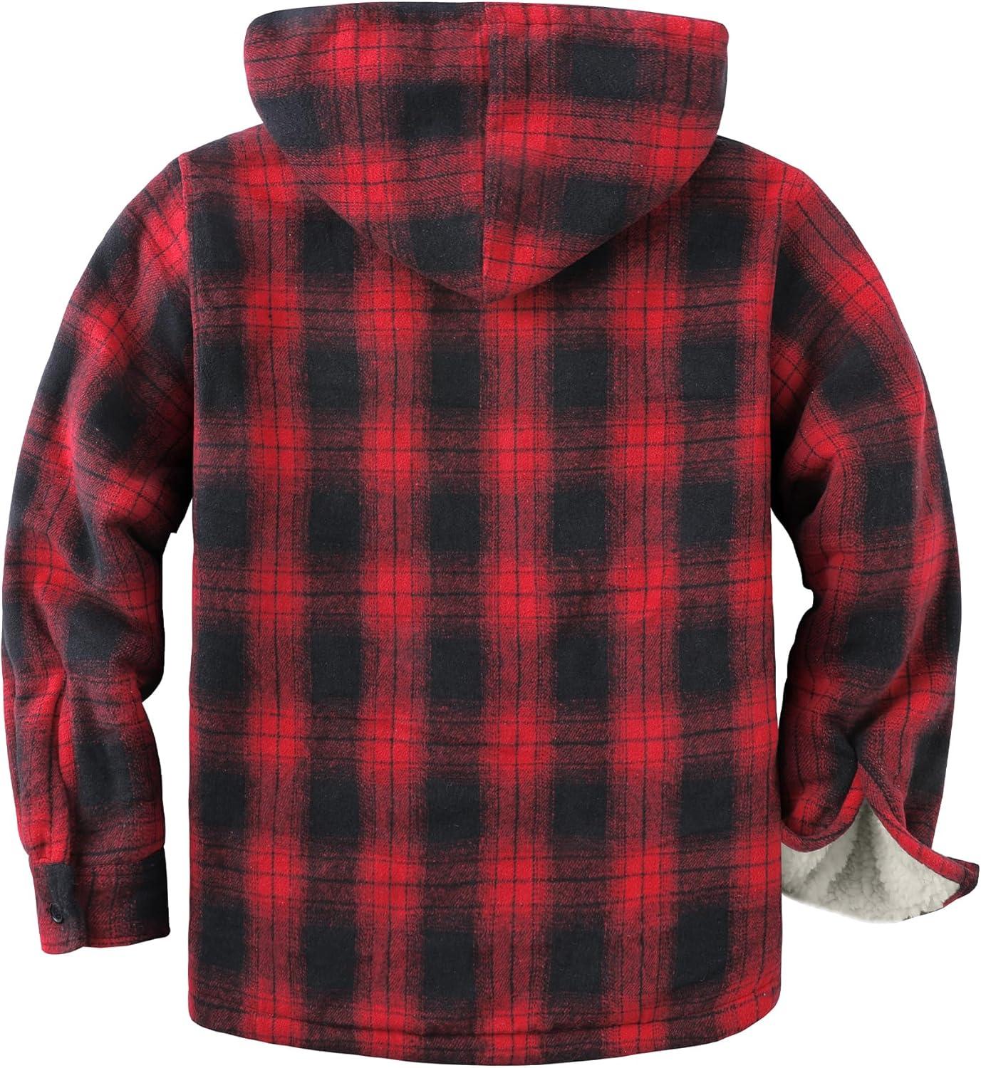 imageZITY Mens Flannel Hooded Jacket Fleece Sherpa Lined Plaid Shirts Jackets Zip Up Sweatshirt Hoodies for Men with 4 PocketsRed Black