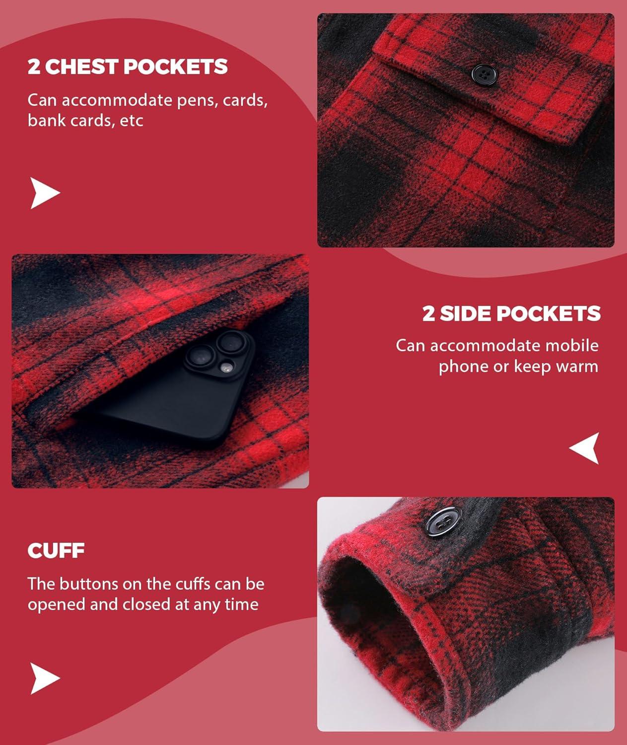 imageZITY Mens Flannel Hooded Jacket Fleece Sherpa Lined Plaid Shirts Jackets Zip Up Sweatshirt Hoodies for Men with 4 PocketsRed Black