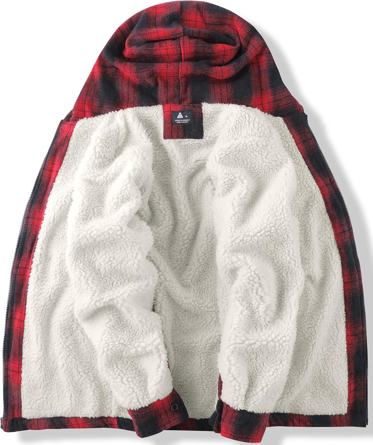 imageZITY Mens Flannel Hooded Jacket Fleece Sherpa Lined Plaid Shirts Jackets Zip Up Sweatshirt Hoodies for Men with 4 PocketsRed Black