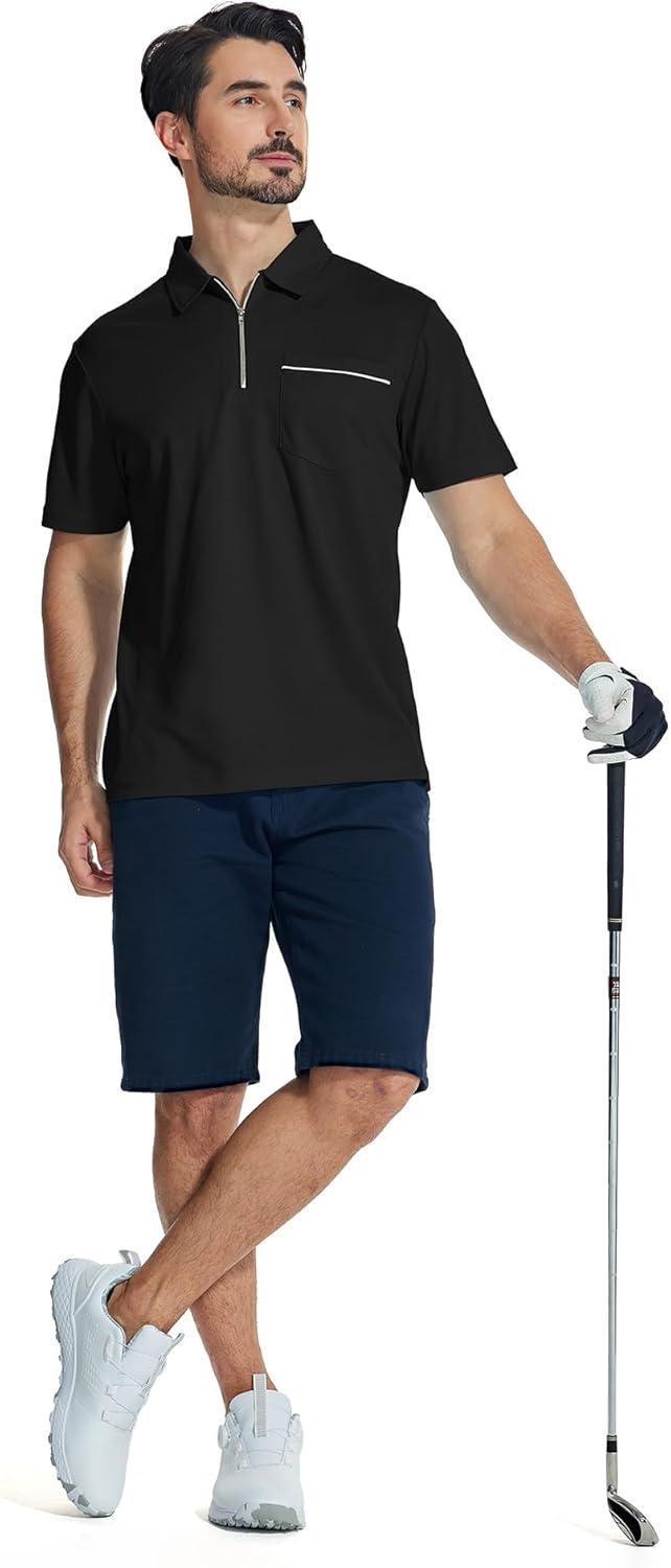 imageZITY Mens Polo Shirts Quarter Zip Shirts Casual Classic Lightweight Short Sleeve Golf Collared Shirt with PocketBlack