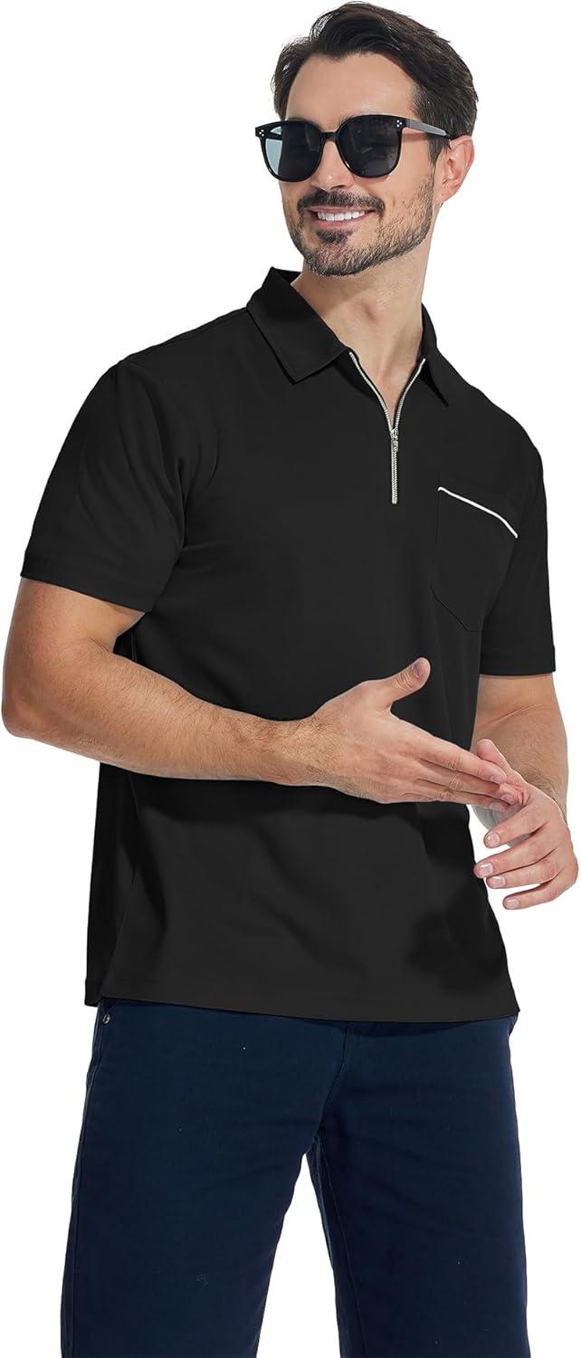 imageZITY Mens Polo Shirts Quarter Zip Shirts Casual Classic Lightweight Short Sleeve Golf Collared Shirt with PocketBlack