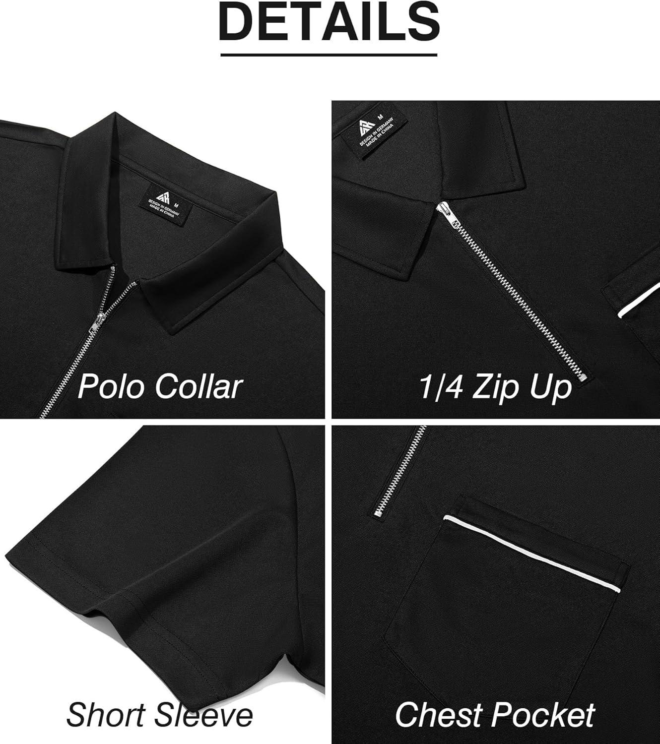 imageZITY Mens Polo Shirts Quarter Zip Shirts Casual Classic Lightweight Short Sleeve Golf Collared Shirt with PocketBlack
