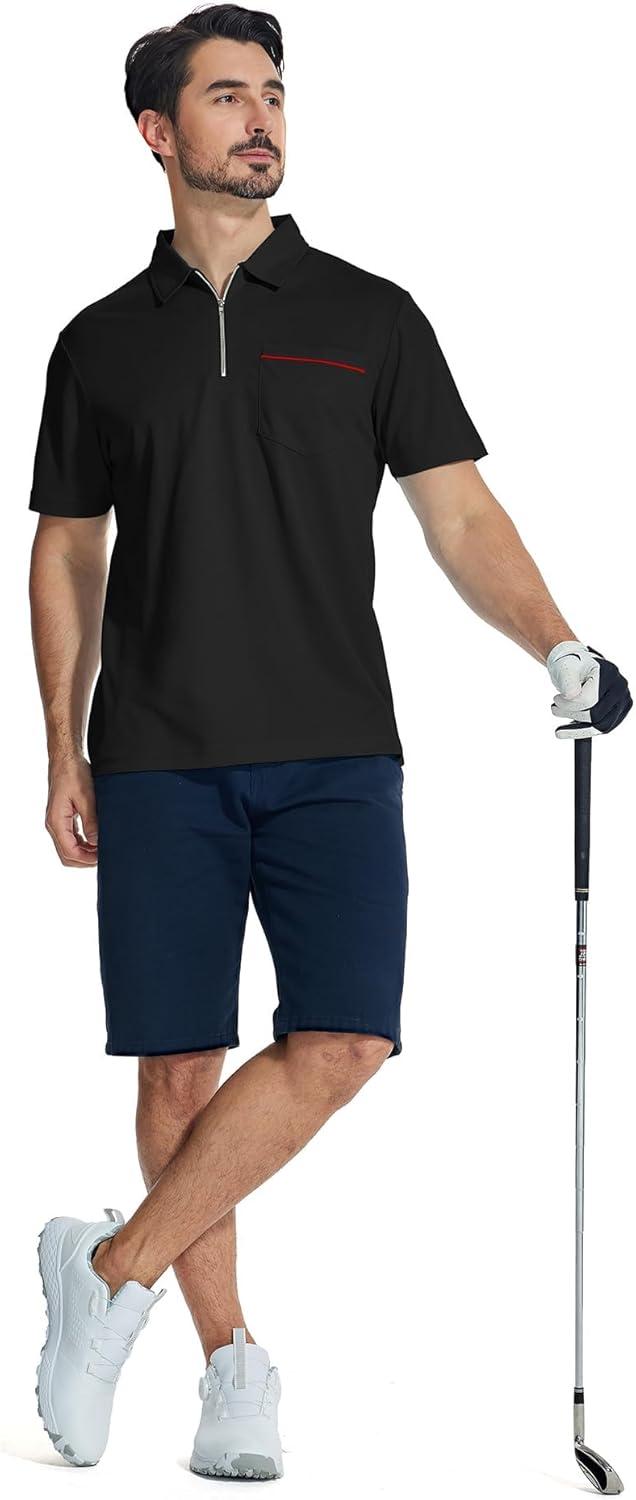 imageZITY Mens Polo Shirts Quarter Zip Shirts Casual Classic Lightweight Short Sleeve Golf Collared Shirt with PocketBlack Red