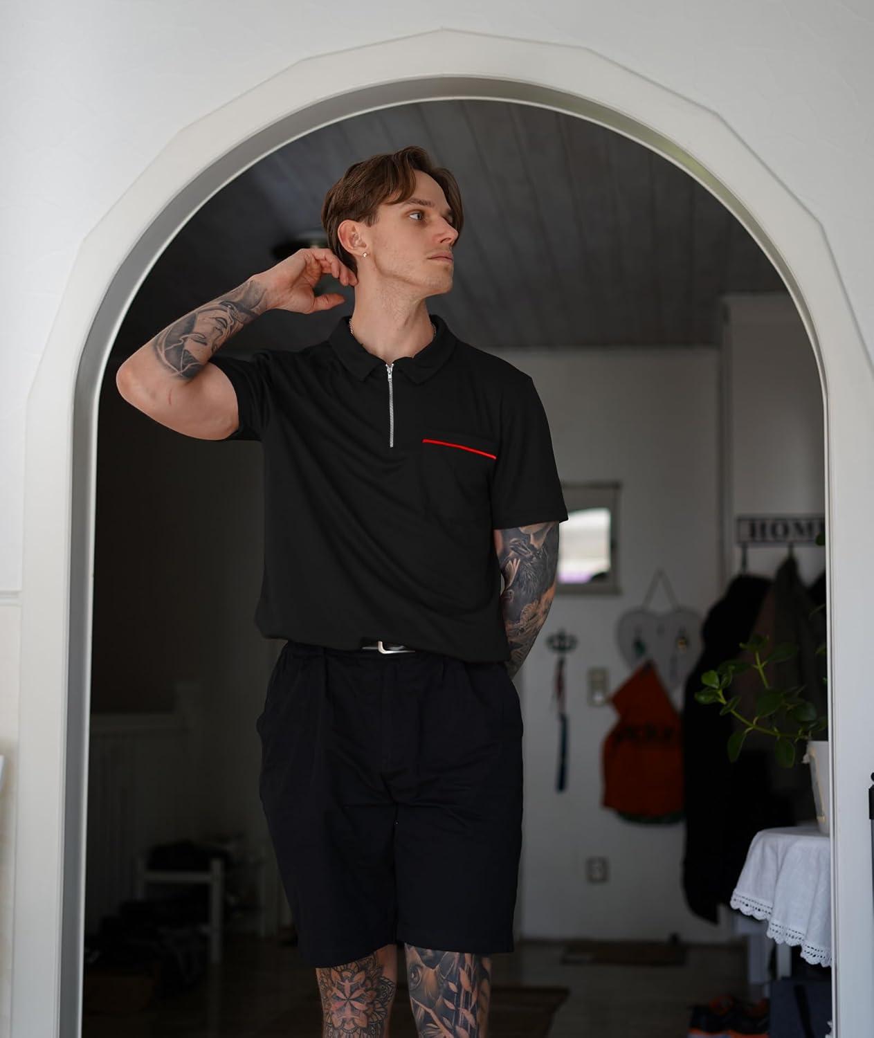 imageZITY Mens Polo Shirts Quarter Zip Shirts Casual Classic Lightweight Short Sleeve Golf Collared Shirt with PocketBlack Red