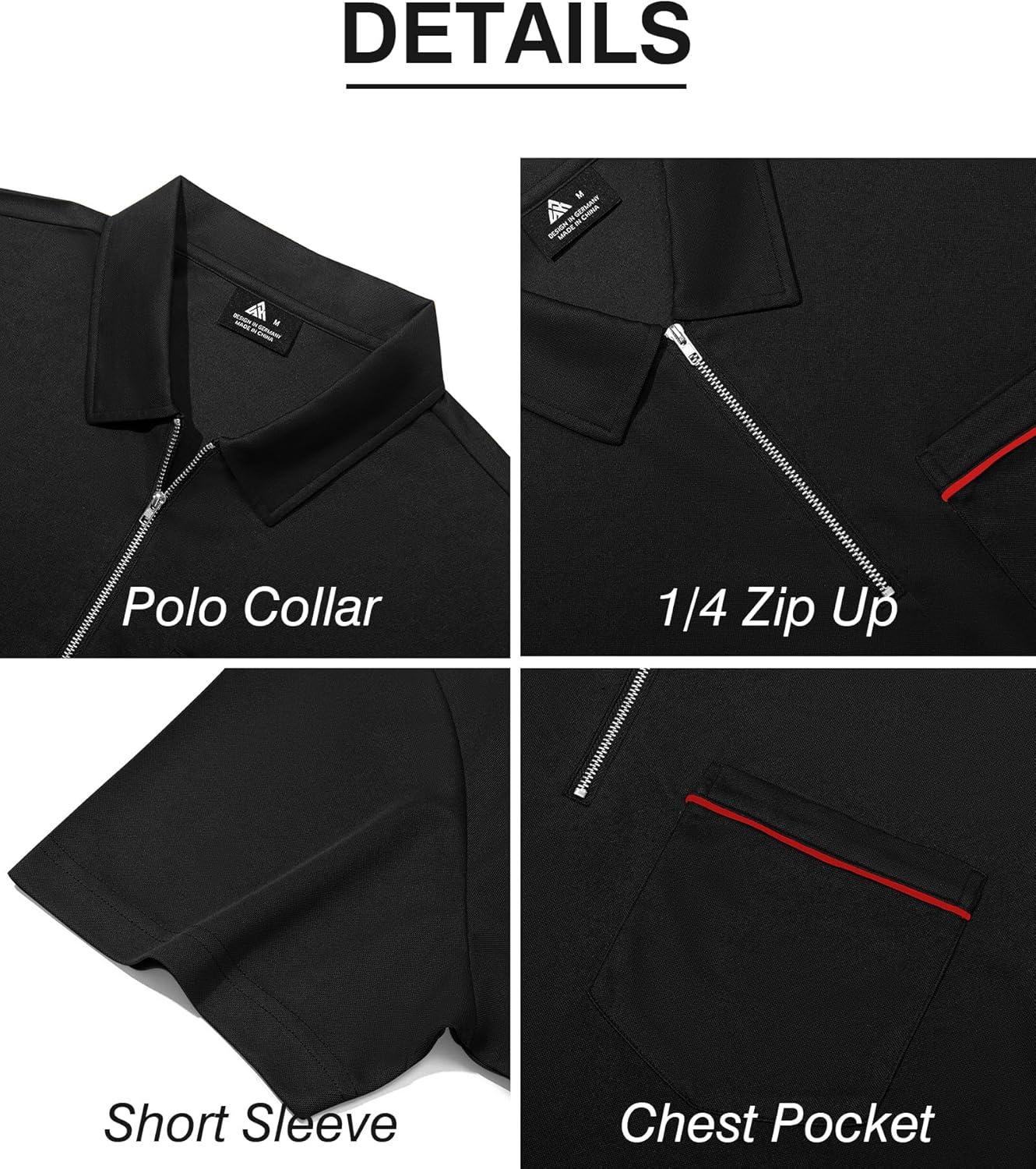 imageZITY Mens Polo Shirts Quarter Zip Shirts Casual Classic Lightweight Short Sleeve Golf Collared Shirt with PocketBlack Red