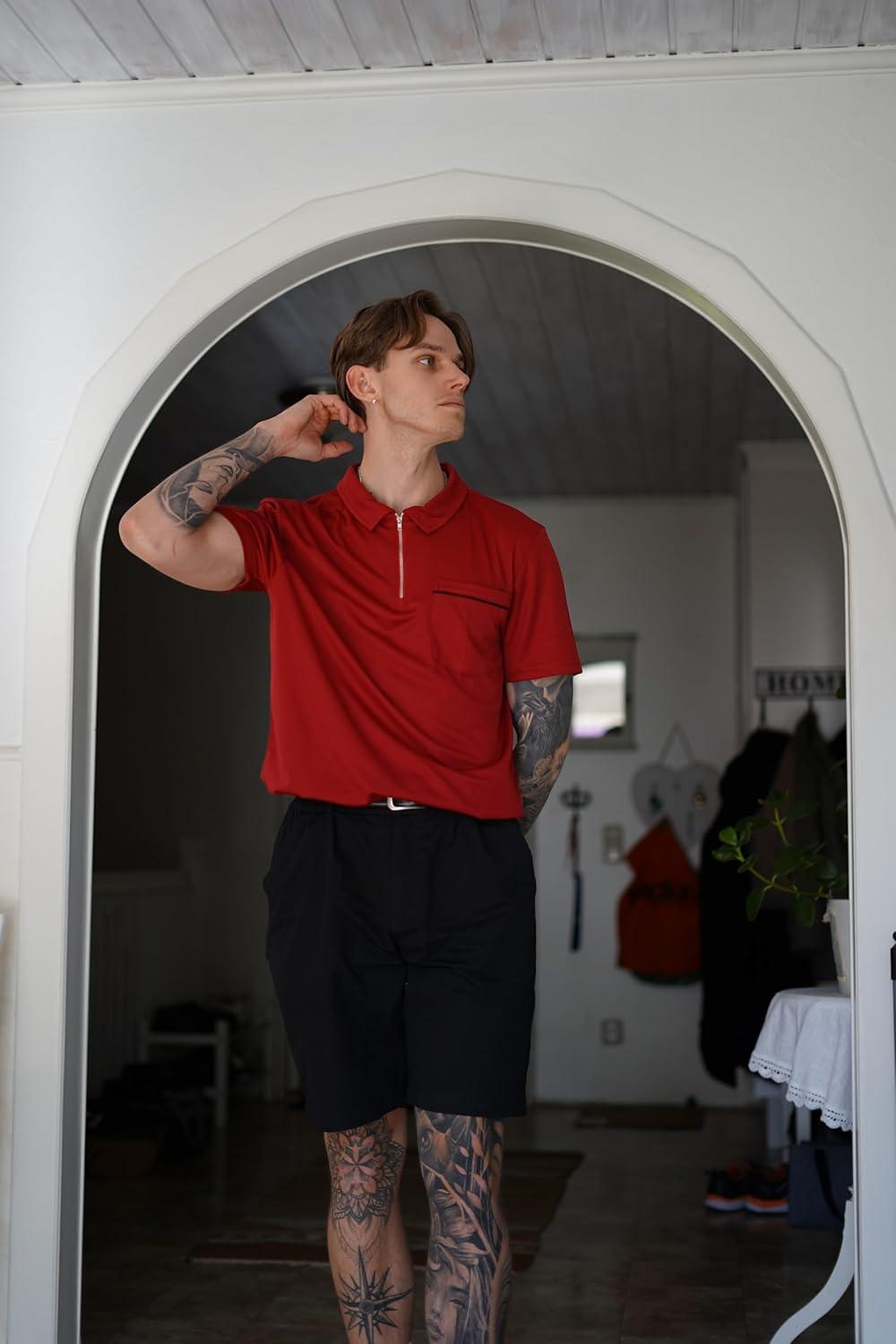 imageZITY Mens Polo Shirts Quarter Zip Shirts Casual Classic Lightweight Short Sleeve Golf Collared Shirt with PocketBurgundy