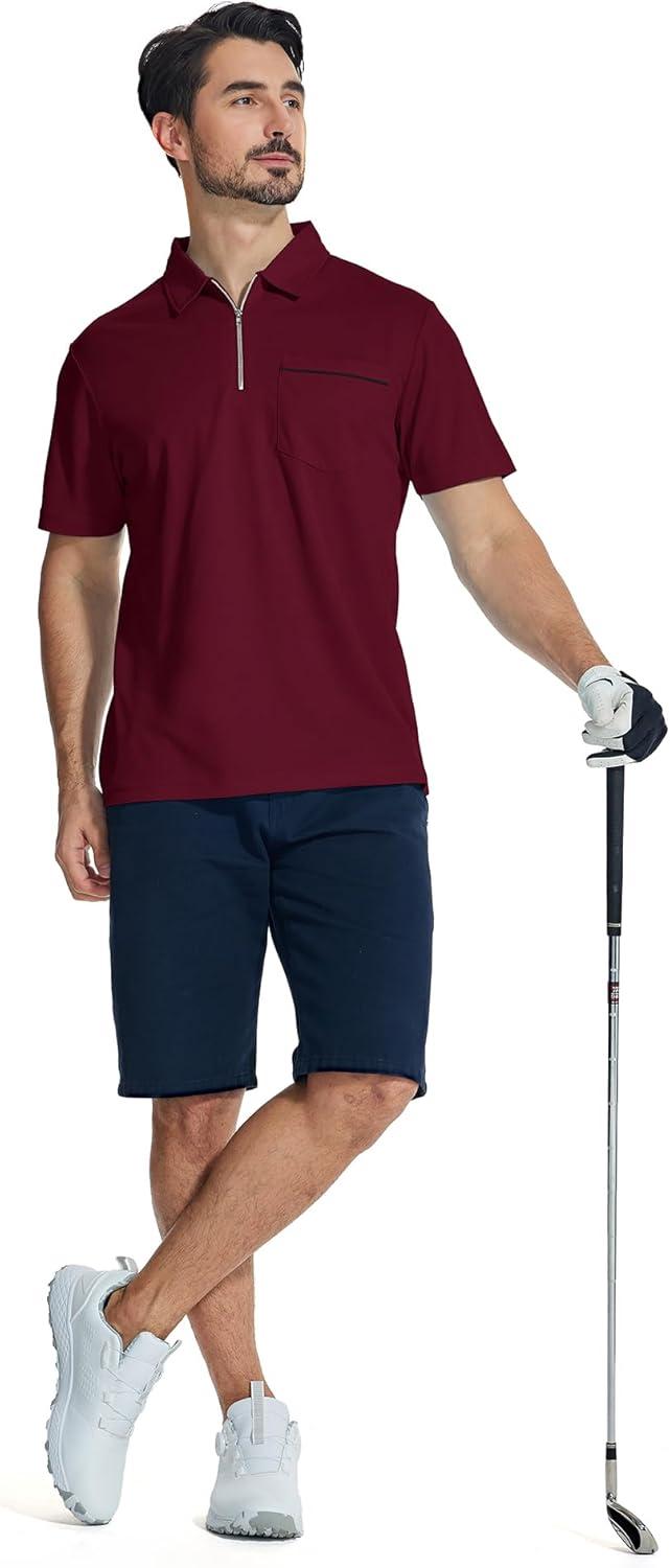 imageZITY Mens Polo Shirts Quarter Zip Shirts Casual Classic Lightweight Short Sleeve Golf Collared Shirt with PocketBurgundy