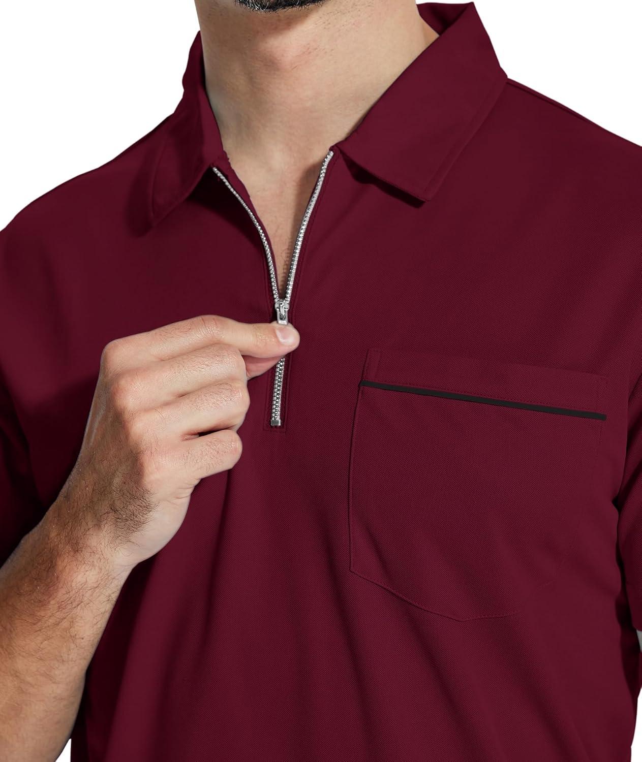 imageZITY Mens Polo Shirts Quarter Zip Shirts Casual Classic Lightweight Short Sleeve Golf Collared Shirt with PocketBurgundy