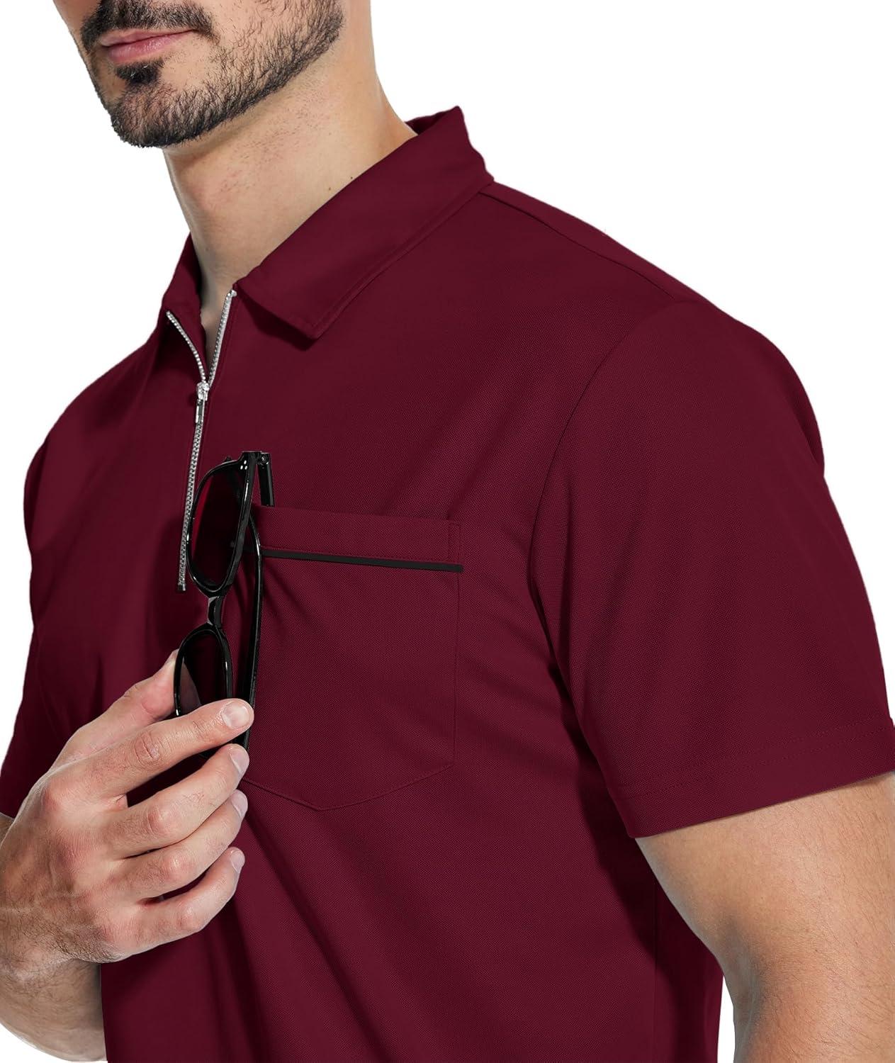 imageZITY Mens Polo Shirts Quarter Zip Shirts Casual Classic Lightweight Short Sleeve Golf Collared Shirt with PocketBurgundy