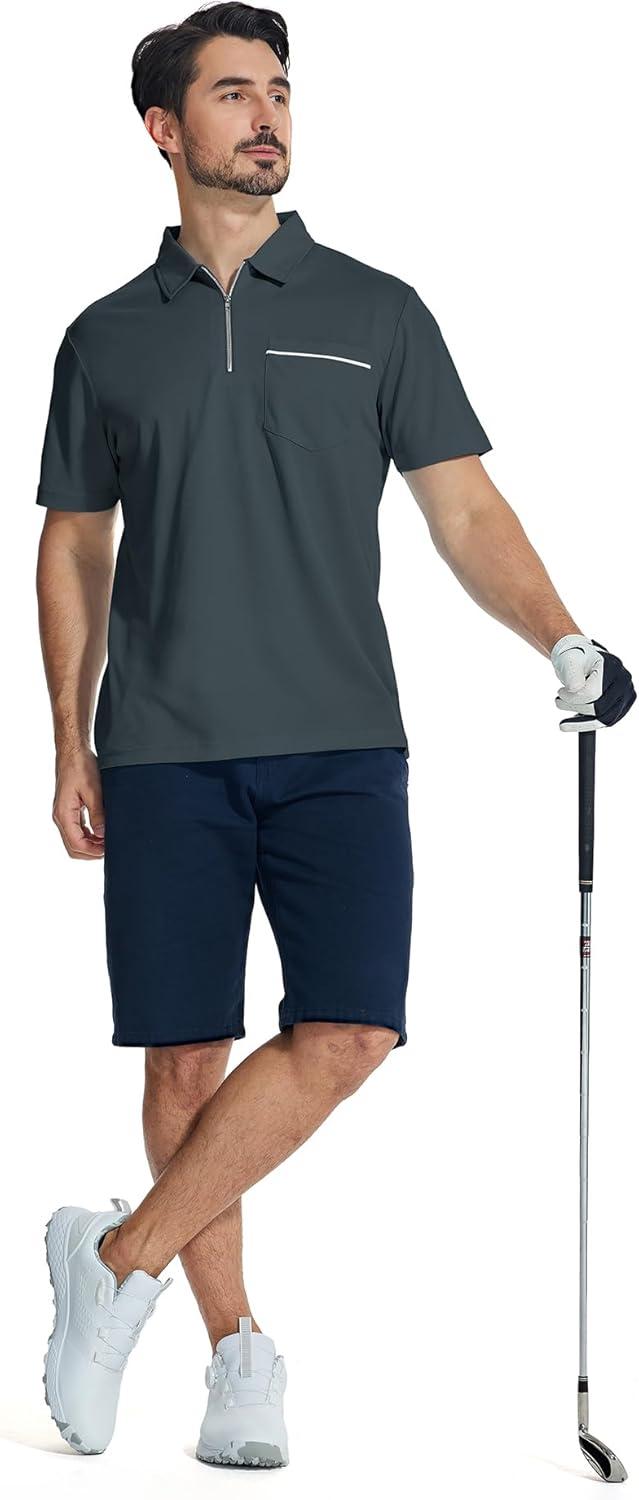 imageZITY Mens Polo Shirts Quarter Zip Shirts Casual Classic Lightweight Short Sleeve Golf Collared Shirt with PocketDark Grey