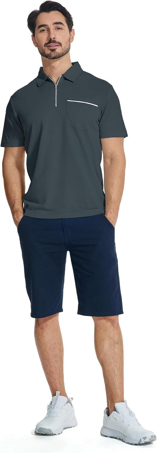 imageZITY Mens Polo Shirts Quarter Zip Shirts Casual Classic Lightweight Short Sleeve Golf Collared Shirt with PocketDark Grey