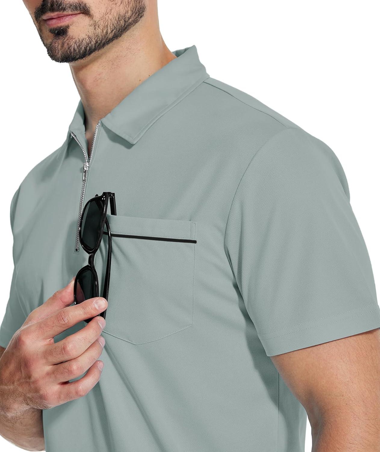 imageZITY Mens Polo Shirts Quarter Zip Shirts Casual Classic Lightweight Short Sleeve Golf Collared Shirt with PocketGrey