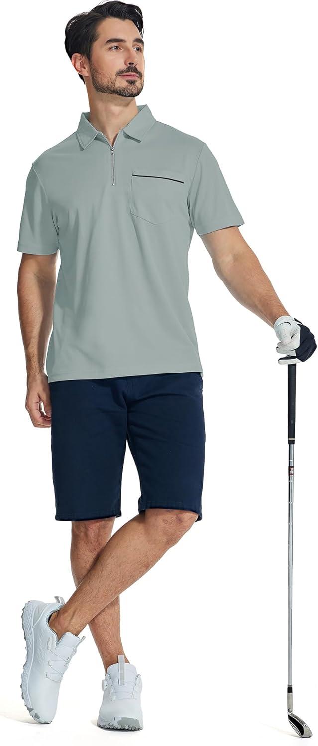 imageZITY Mens Polo Shirts Quarter Zip Shirts Casual Classic Lightweight Short Sleeve Golf Collared Shirt with PocketGrey