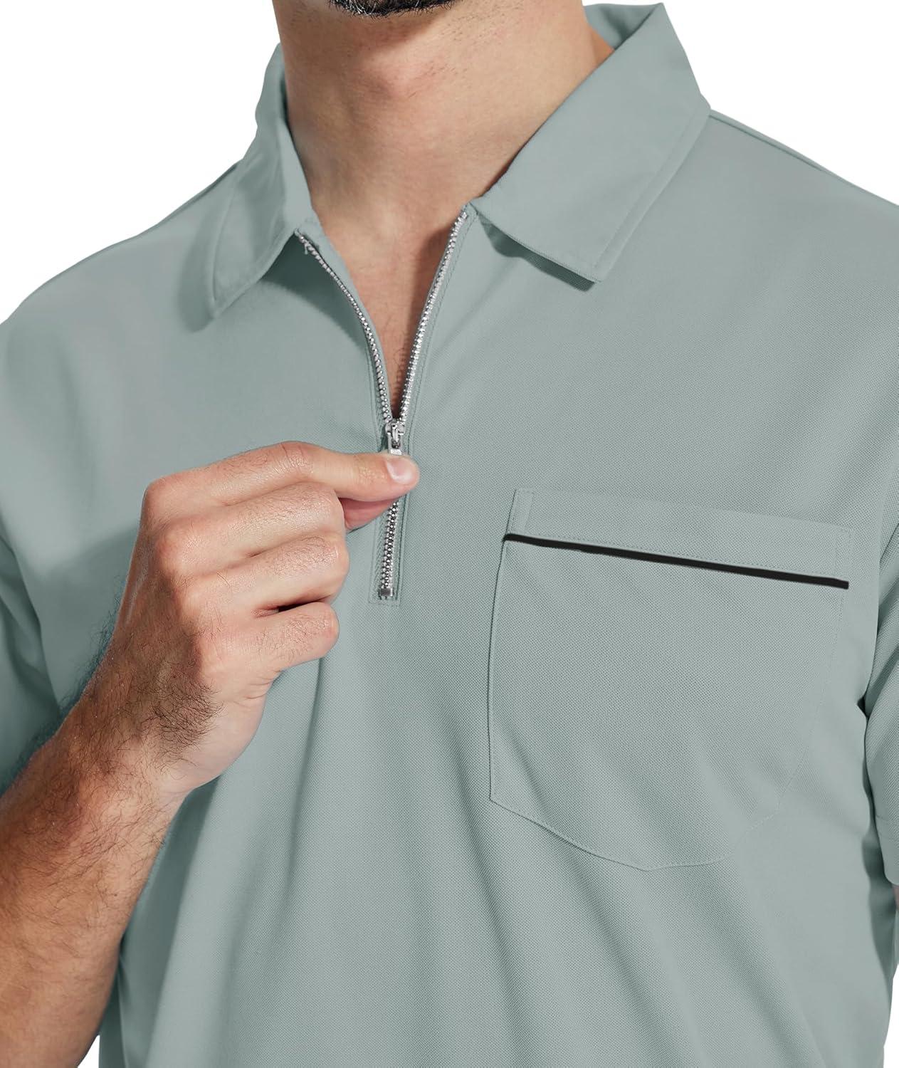 imageZITY Mens Polo Shirts Quarter Zip Shirts Casual Classic Lightweight Short Sleeve Golf Collared Shirt with PocketGrey
