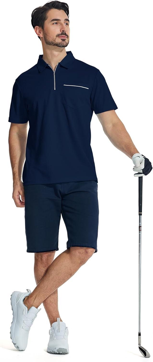 imageZITY Mens Polo Shirts Quarter Zip Shirts Casual Classic Lightweight Short Sleeve Golf Collared Shirt with PocketNavy