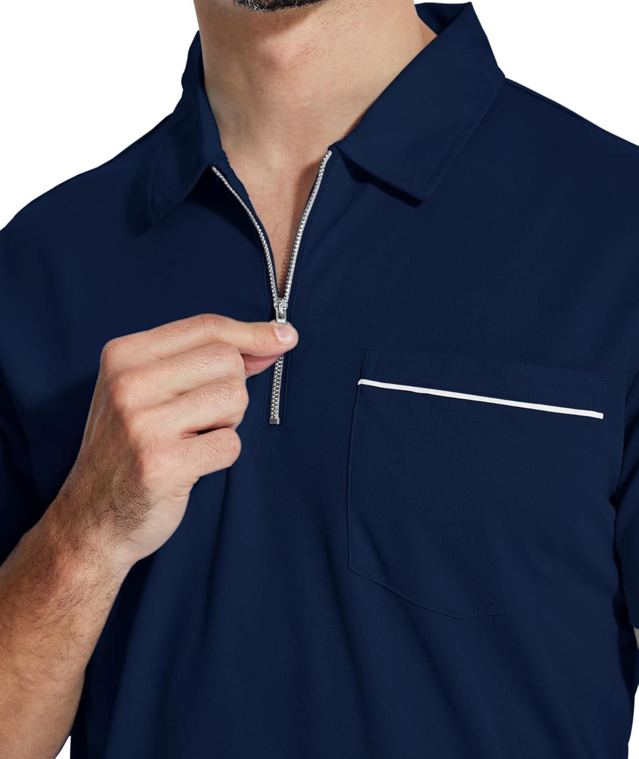 imageZITY Mens Polo Shirts Quarter Zip Shirts Casual Classic Lightweight Short Sleeve Golf Collared Shirt with PocketNavy
