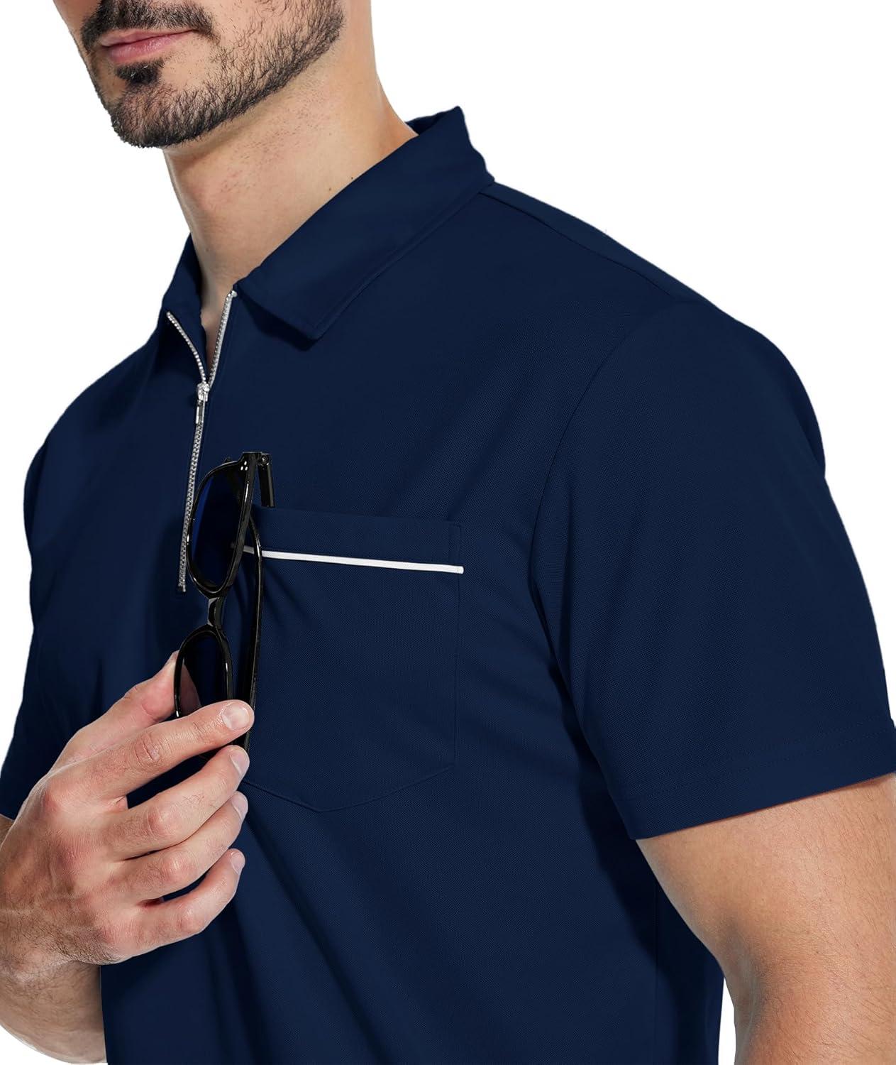 imageZITY Mens Polo Shirts Quarter Zip Shirts Casual Classic Lightweight Short Sleeve Golf Collared Shirt with PocketNavy