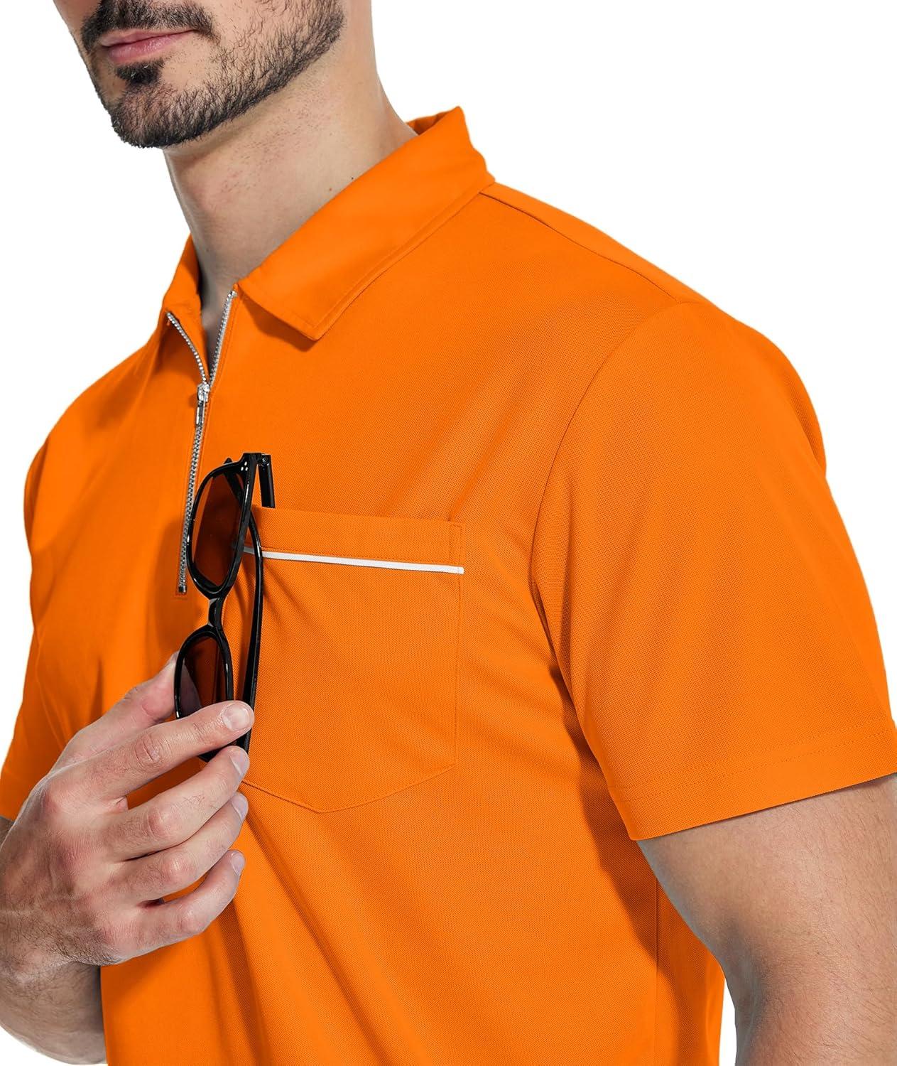 imageZITY Mens Polo Shirts Quarter Zip Shirts Casual Classic Lightweight Short Sleeve Golf Collared Shirt with PocketOrange