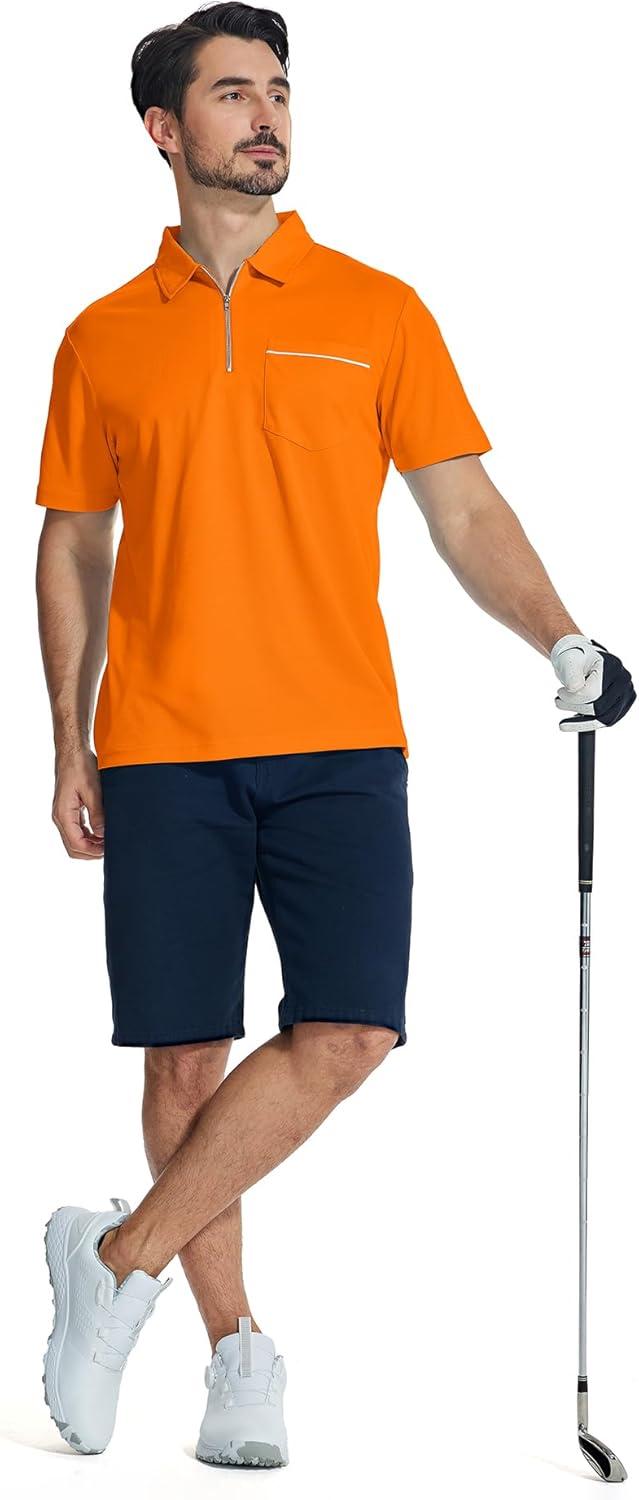 imageZITY Mens Polo Shirts Quarter Zip Shirts Casual Classic Lightweight Short Sleeve Golf Collared Shirt with PocketOrange