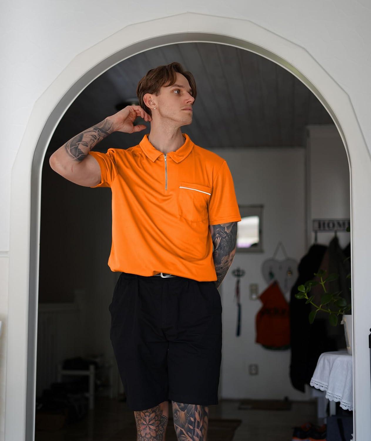 imageZITY Mens Polo Shirts Quarter Zip Shirts Casual Classic Lightweight Short Sleeve Golf Collared Shirt with PocketOrange