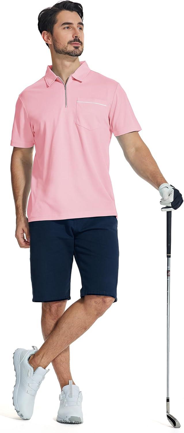 imageZITY Mens Polo Shirts Quarter Zip Shirts Casual Classic Lightweight Short Sleeve Golf Collared Shirt with PocketPink