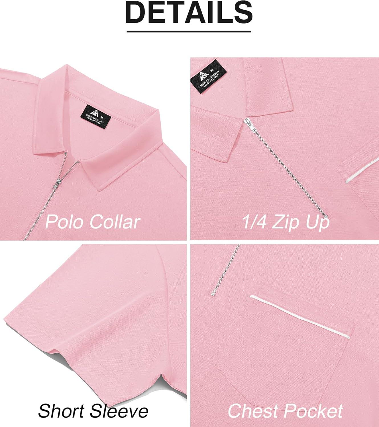 imageZITY Mens Polo Shirts Quarter Zip Shirts Casual Classic Lightweight Short Sleeve Golf Collared Shirt with PocketPink