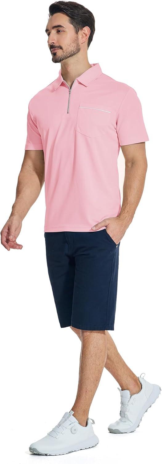 imageZITY Mens Polo Shirts Quarter Zip Shirts Casual Classic Lightweight Short Sleeve Golf Collared Shirt with PocketPink