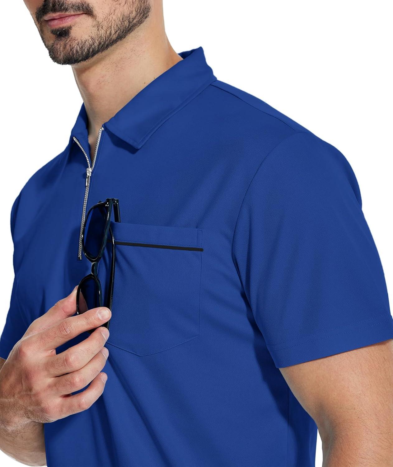 imageZITY Mens Polo Shirts Quarter Zip Shirts Casual Classic Lightweight Short Sleeve Golf Collared Shirt with PocketRoyal Blue