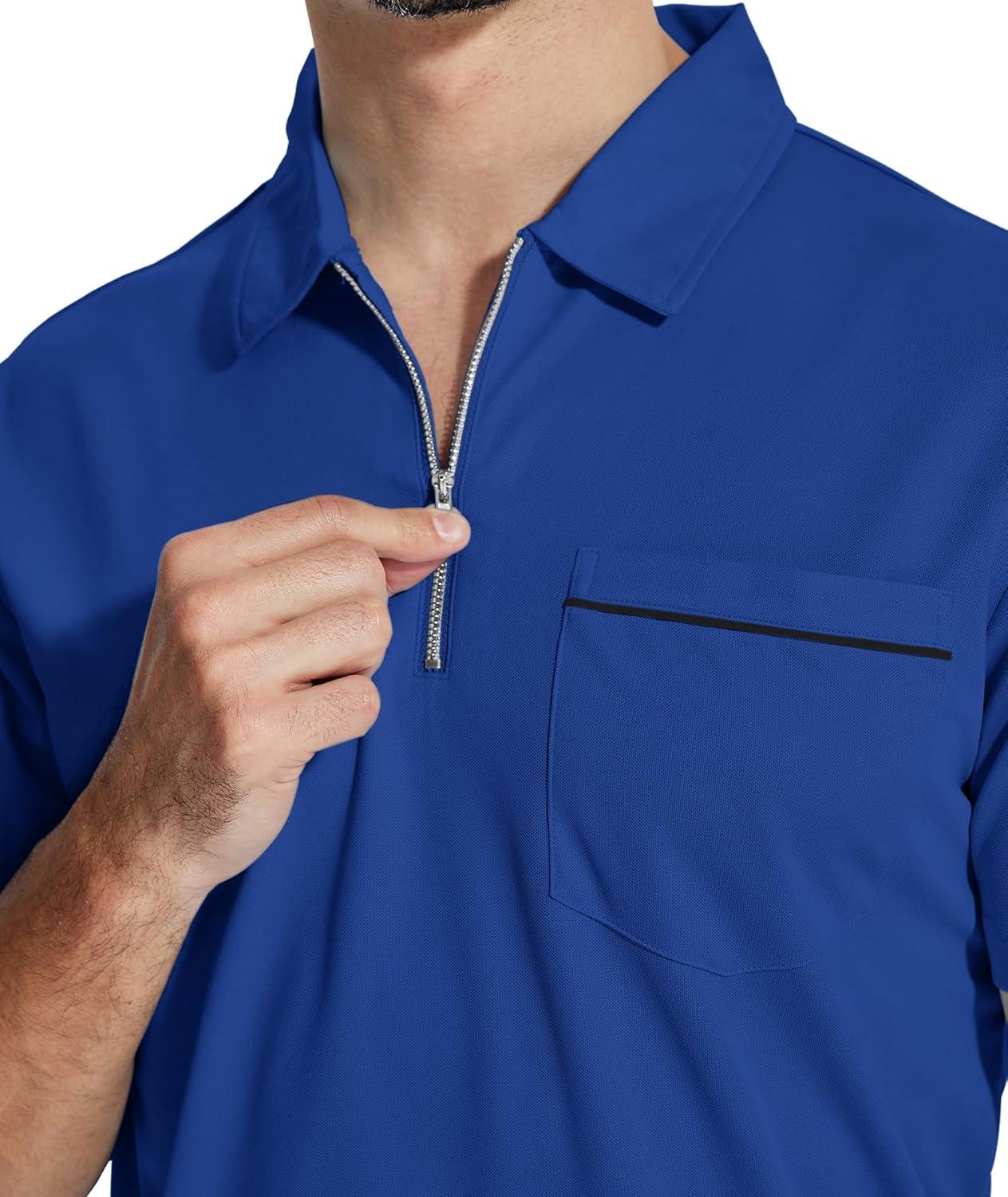 imageZITY Mens Polo Shirts Quarter Zip Shirts Casual Classic Lightweight Short Sleeve Golf Collared Shirt with PocketRoyal Blue