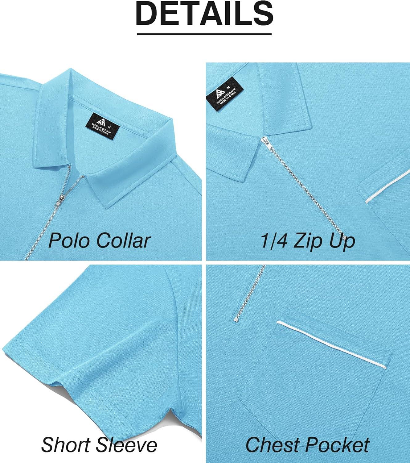 imageZITY Mens Polo Shirts Quarter Zip Shirts Casual Classic Lightweight Short Sleeve Golf Collared Shirt with PocketSky Blue