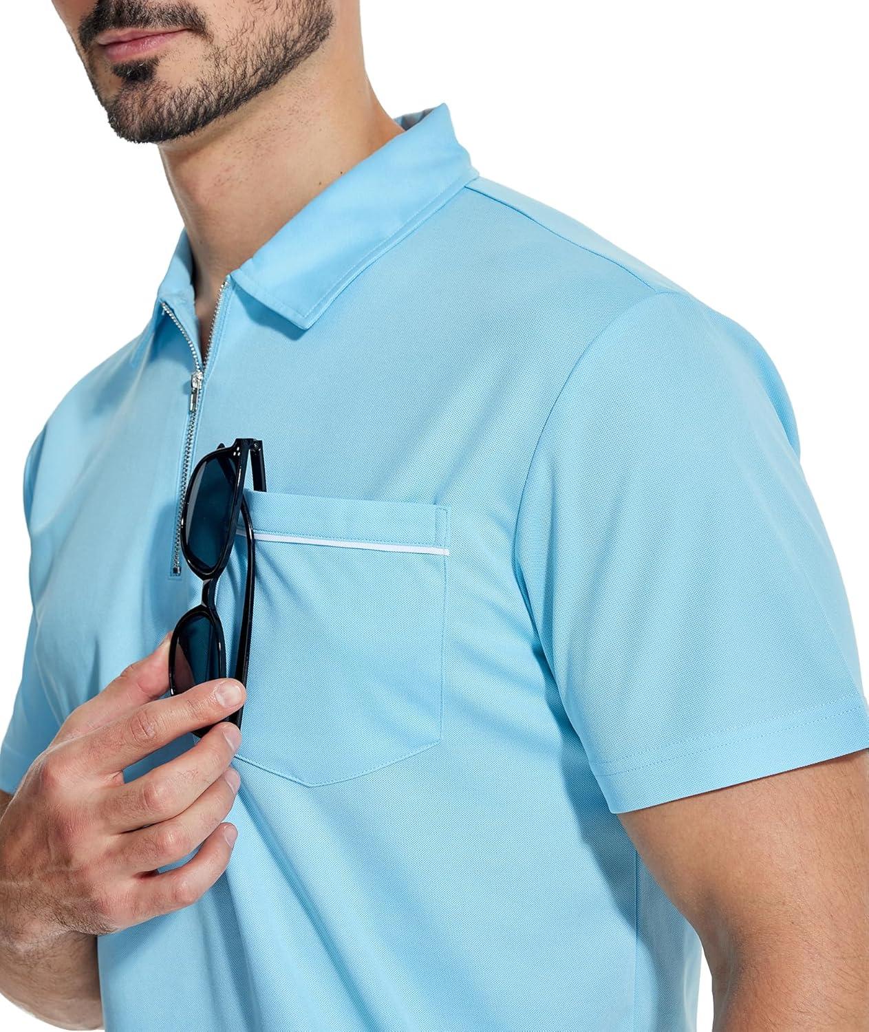imageZITY Mens Polo Shirts Quarter Zip Shirts Casual Classic Lightweight Short Sleeve Golf Collared Shirt with PocketSky Blue