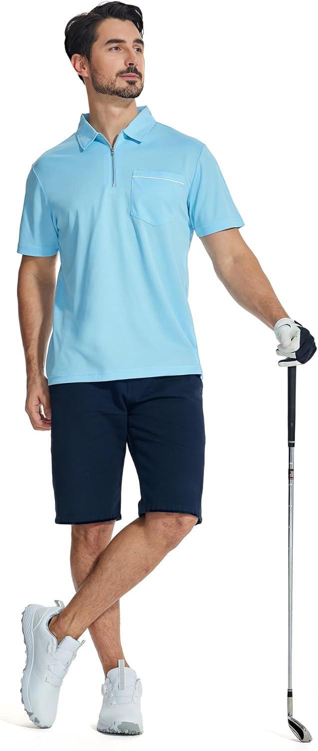 imageZITY Mens Polo Shirts Quarter Zip Shirts Casual Classic Lightweight Short Sleeve Golf Collared Shirt with PocketSky Blue
